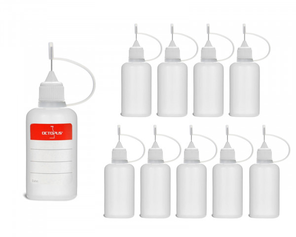 10 Plastikflaschen 30 ml aus LDPE, G14, Tropfverschluss mit Nadelkappe, weiss