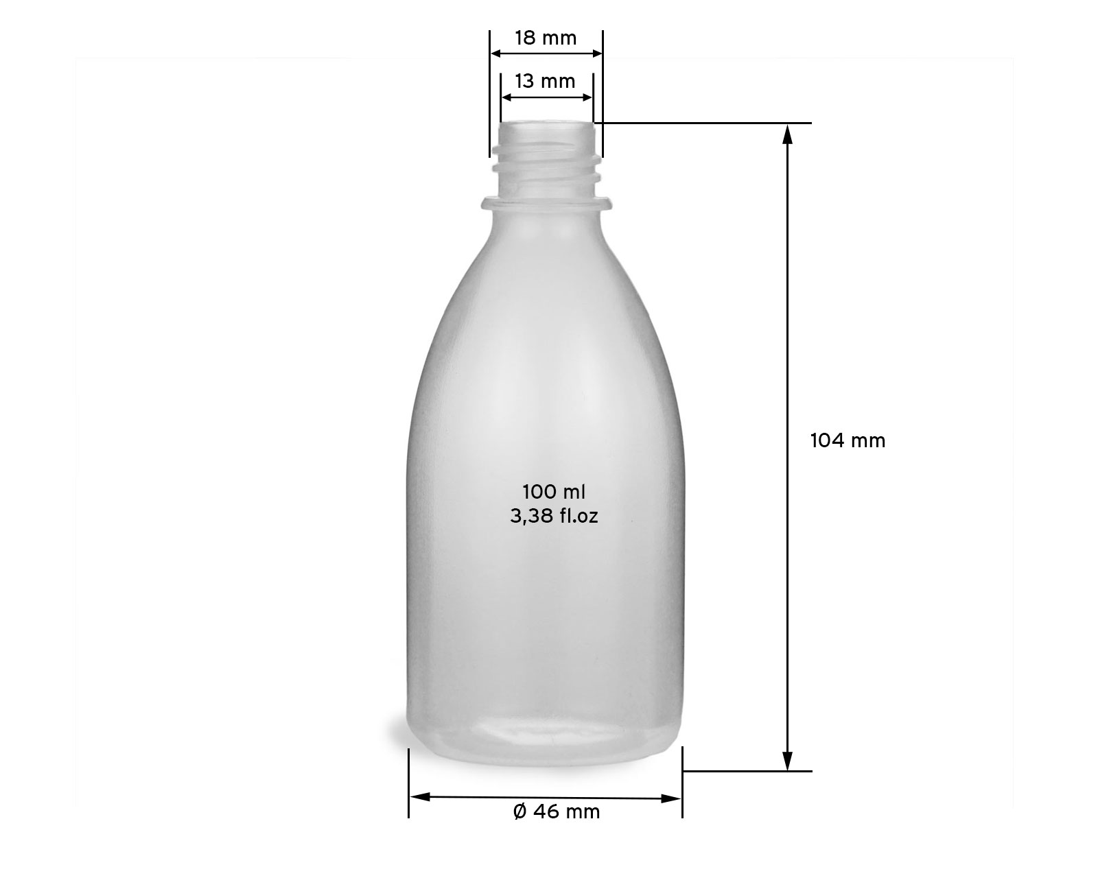 Plastikflasche 100 ml aus LDPE, natur, transparent, G18, ohne Deckel (leer)